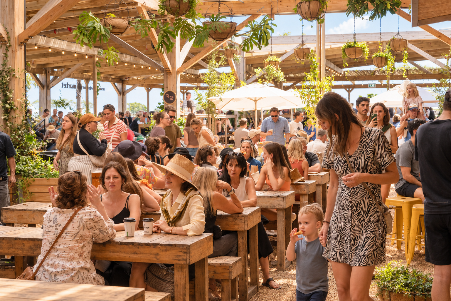 Ambiente de mercado con mesas compartidas, plantas y luz cálida