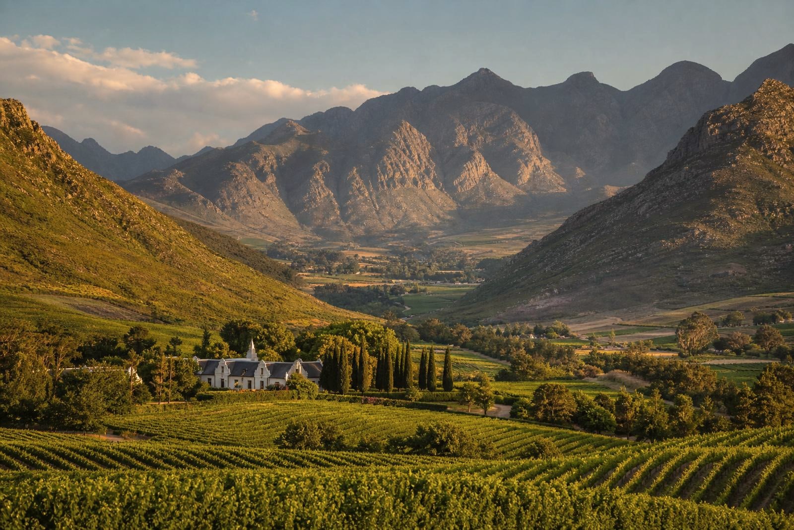 Viñedos y una finca blanca entre montañas
